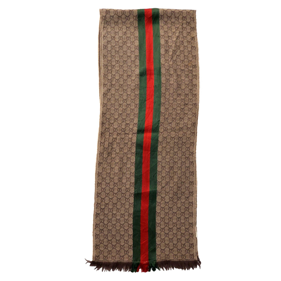 Gucci Brown & Beige GG Logo Print w/ Green Red Stripe Wool Silk Scarf Pre-owned - Picture 7 of 16